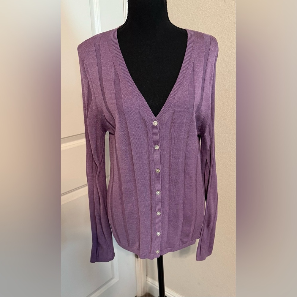 💜ALFANI 100% Silk Purple Button Up Cardigan Sweater 
Women SZ L💜